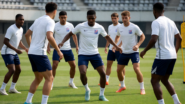 球队训练场上球员进行战术演练的画面
