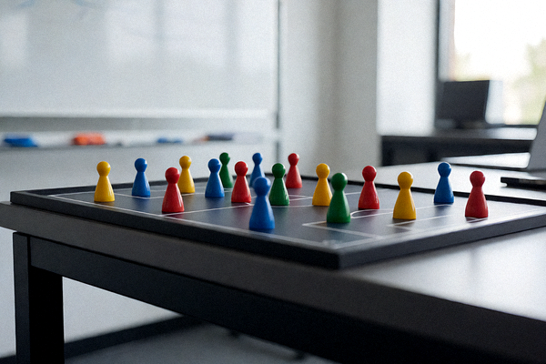 战术分析板上摆放着足球战术棋子，用于讲解阵型安排